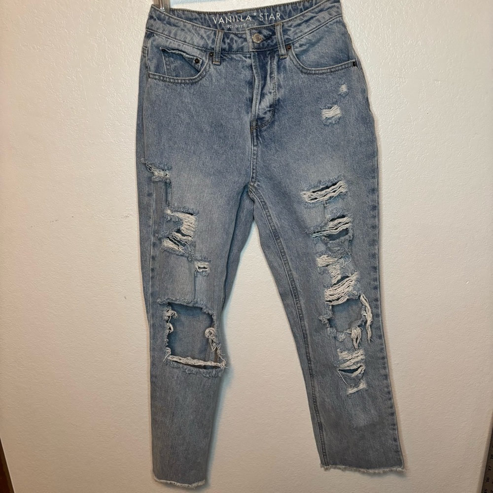 Vanilla Star Women's Distressed Blue Jeans 90’s boyfriend style Size 1